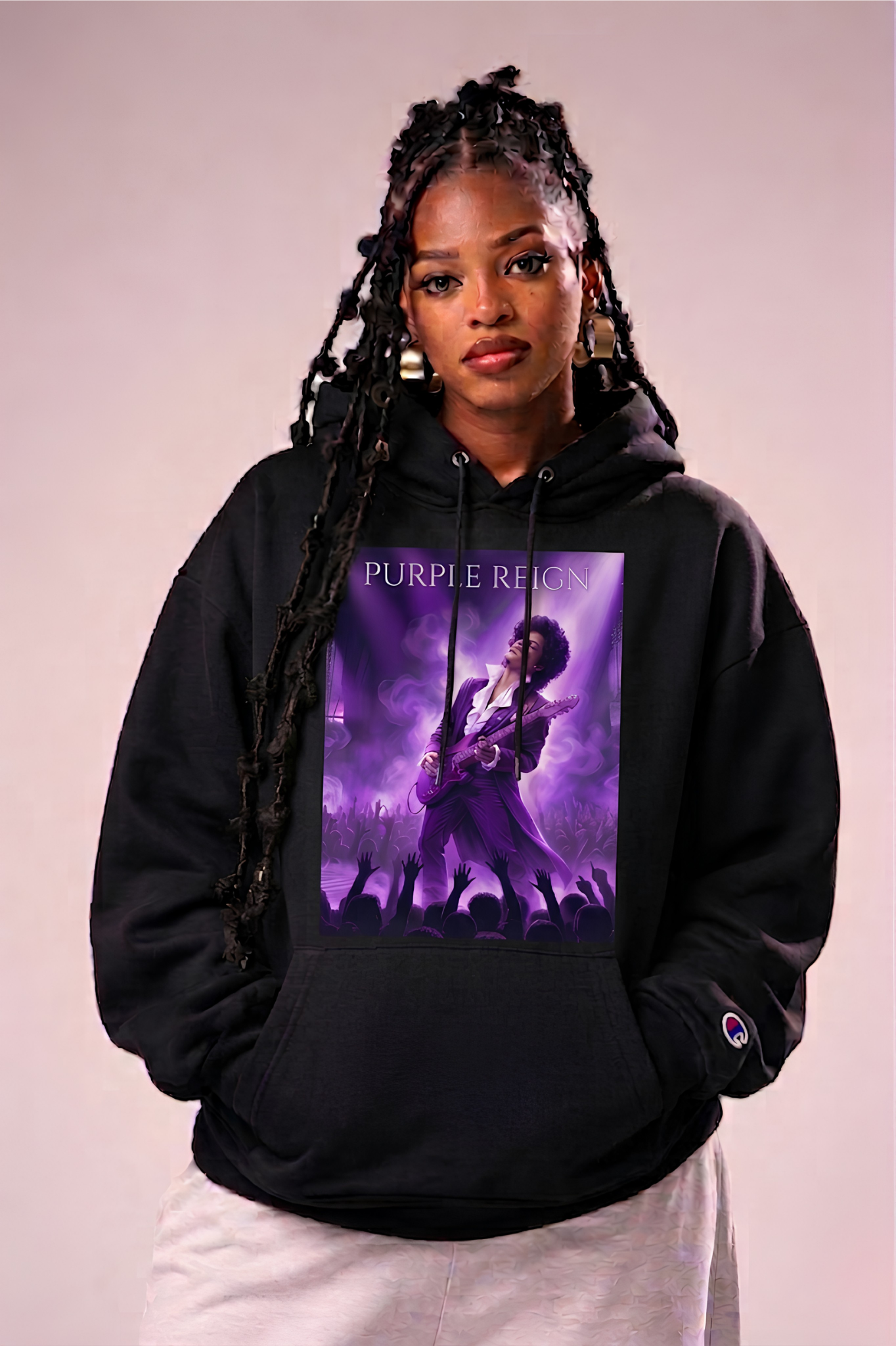 Champion Hoodie with Purple Concert Graphic – Live Music Band Stage Design